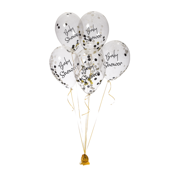 Ballon baby shower avec confettis blanc, noir et or