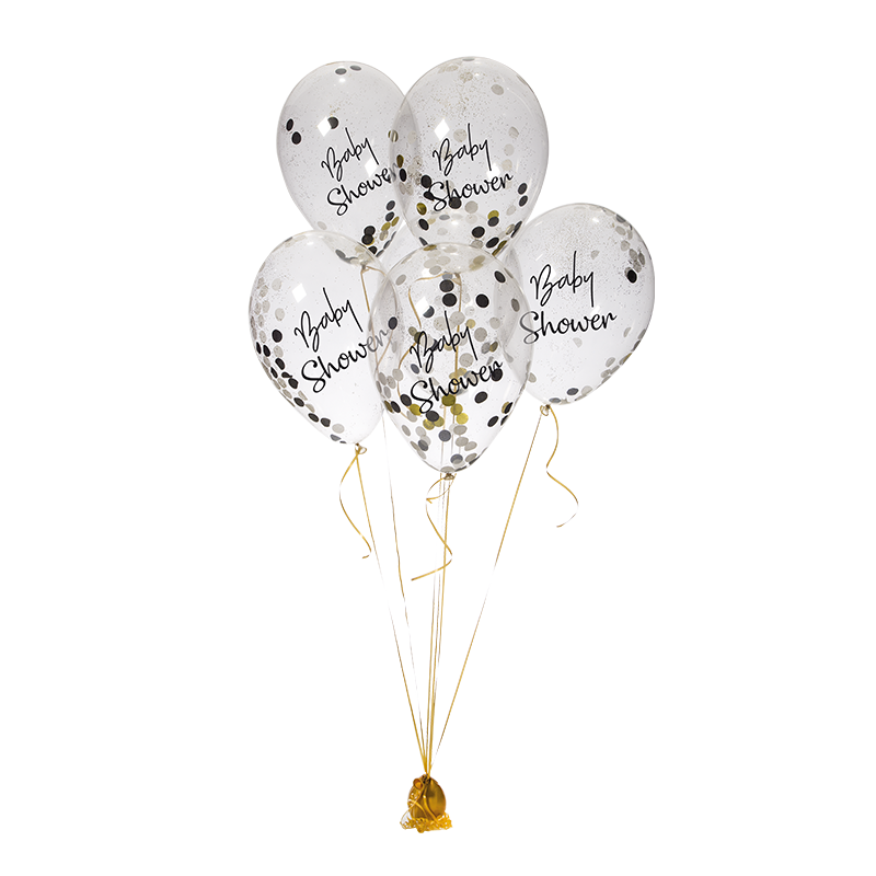 Featured image for “Ballon baby shower avec confettis blanc, noir et or”